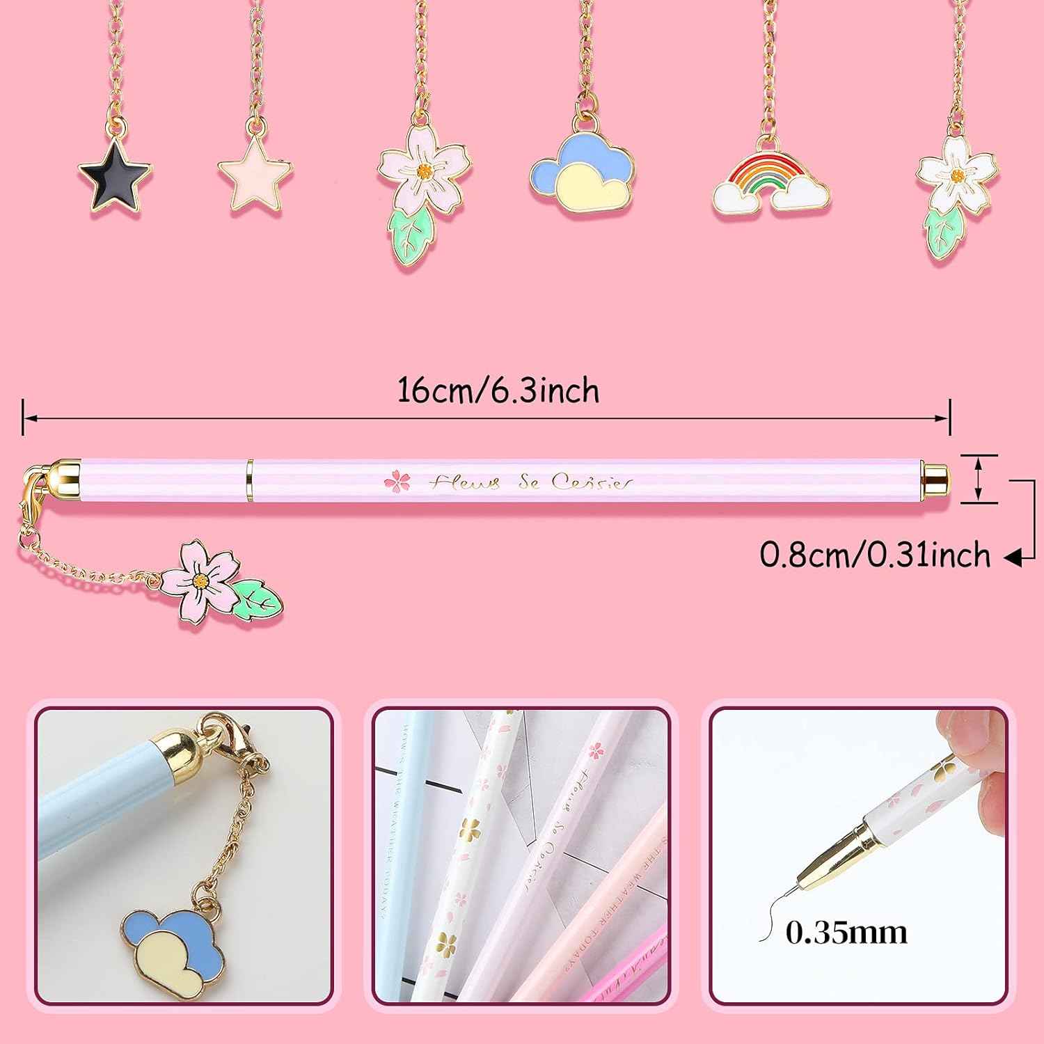 6 Pieces Metal Ballpoint Pens with Cute Pendant Black Ink