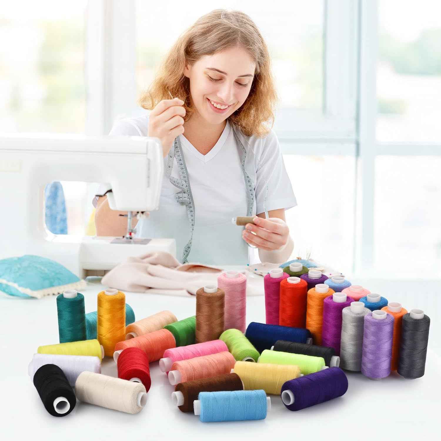 Assorted sewing machine thread spools in multiple colors, ready for sewing