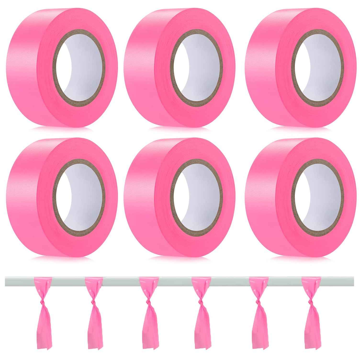 6 Pack Flagging Tape,Neon Marking Survey for Boundaries Hazardous Area Pink