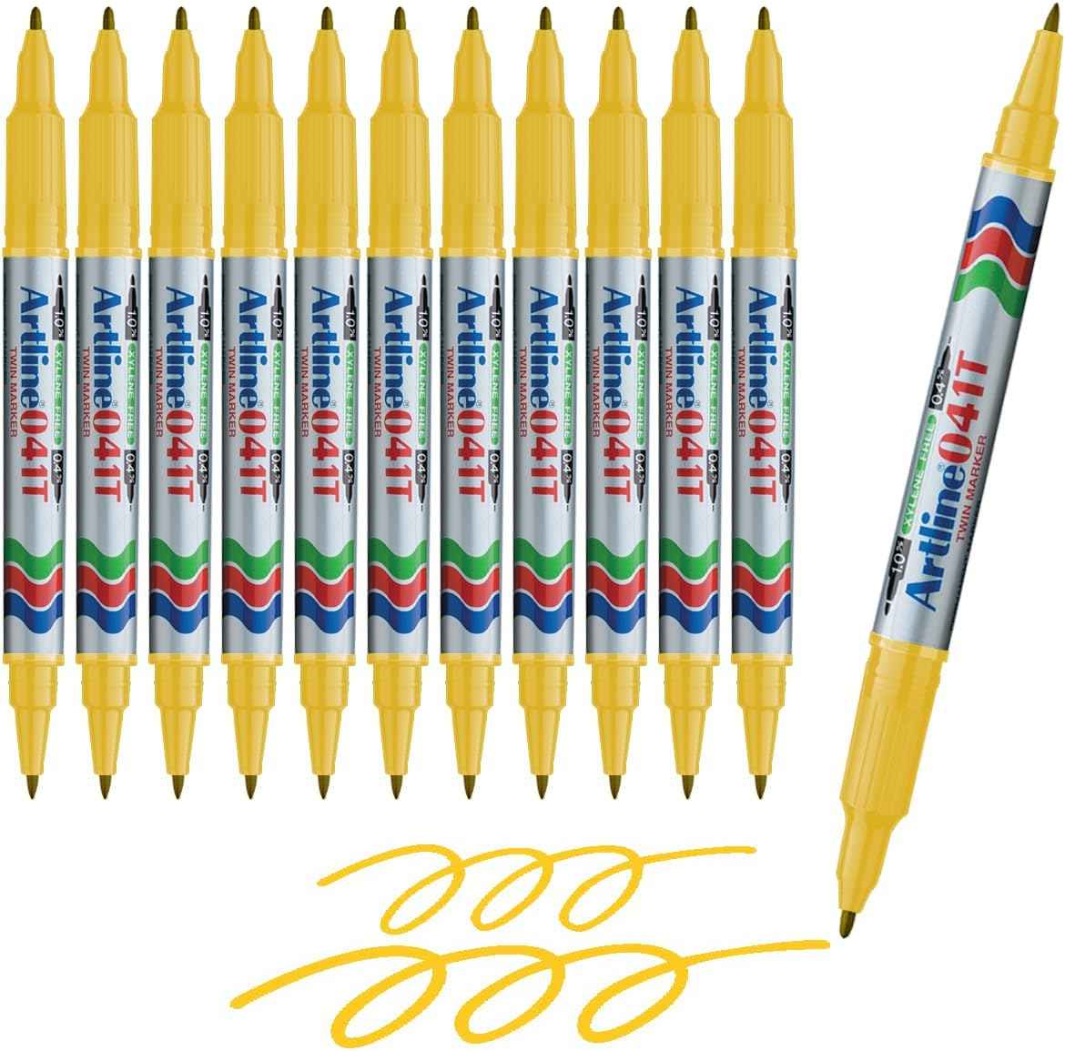 Artline 041T Twin-Nib Permanent Markers 0.4mm-1.0mm 12 Pack Yellow