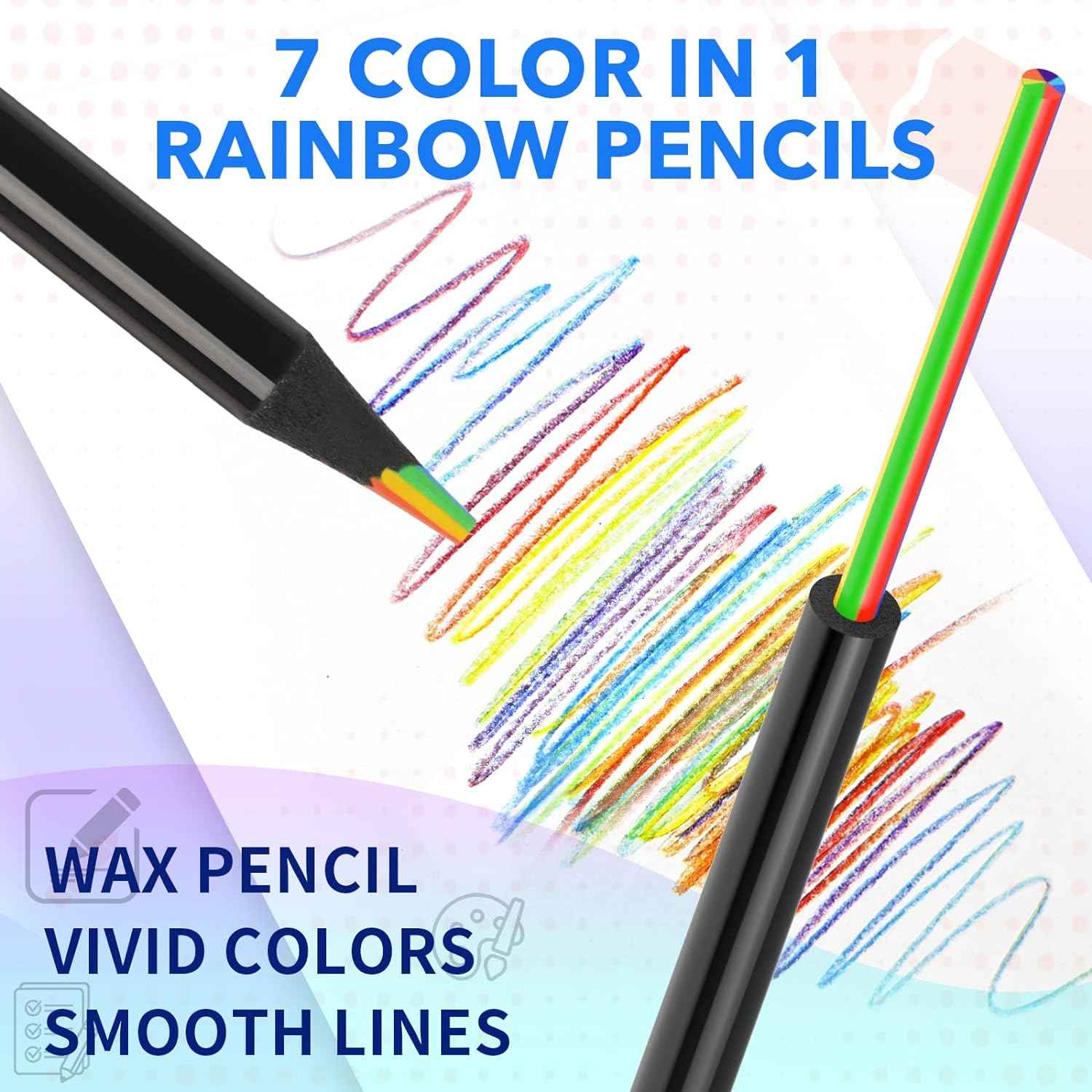 12PCS Black Wooden 7IN1 Rainbow Colored Art Drawing Pencils