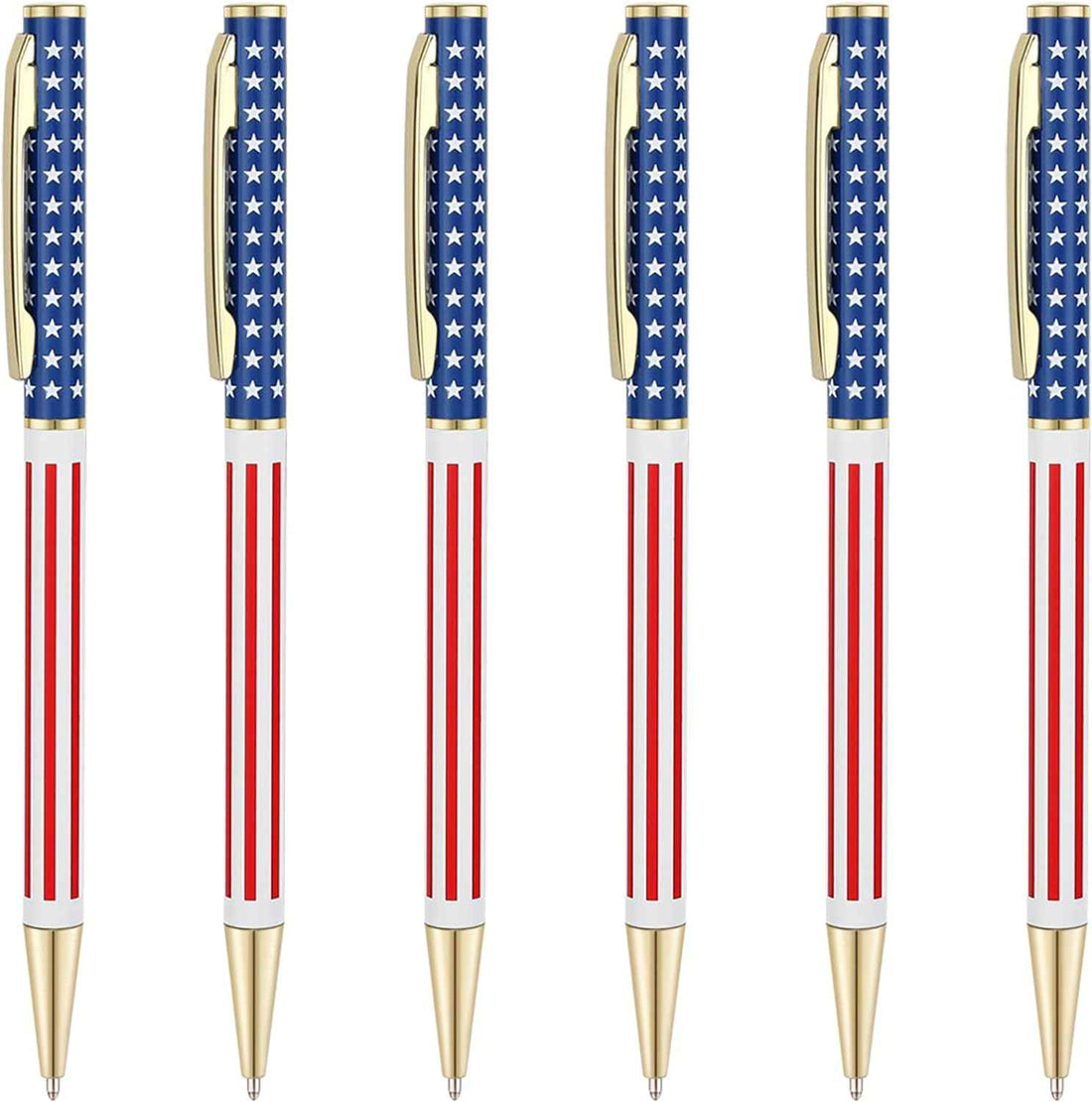 6pcs Slim Metal Retractable Ballpoint Pens,Silver Gold Patriotic American Flag Patriotic Gold