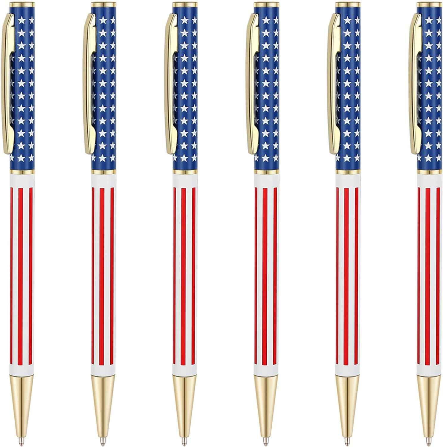 6pcs Slim Metal Retractable Ballpoint Pens,Silver Gold Patriotic American Flag Patriotic Gold