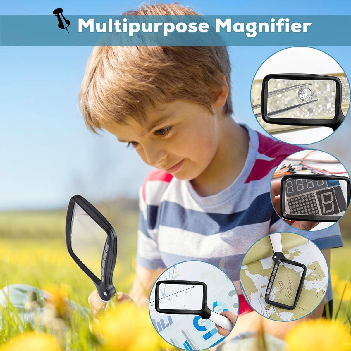 Folding Handheld 3X Rectangle Reading Magnifier with Light