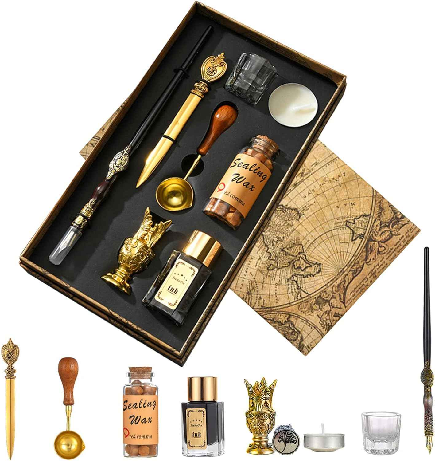 8pcs Dip Pen Ink Wax Seal Letter Opener Tool Calligraphy Gift Set Gold