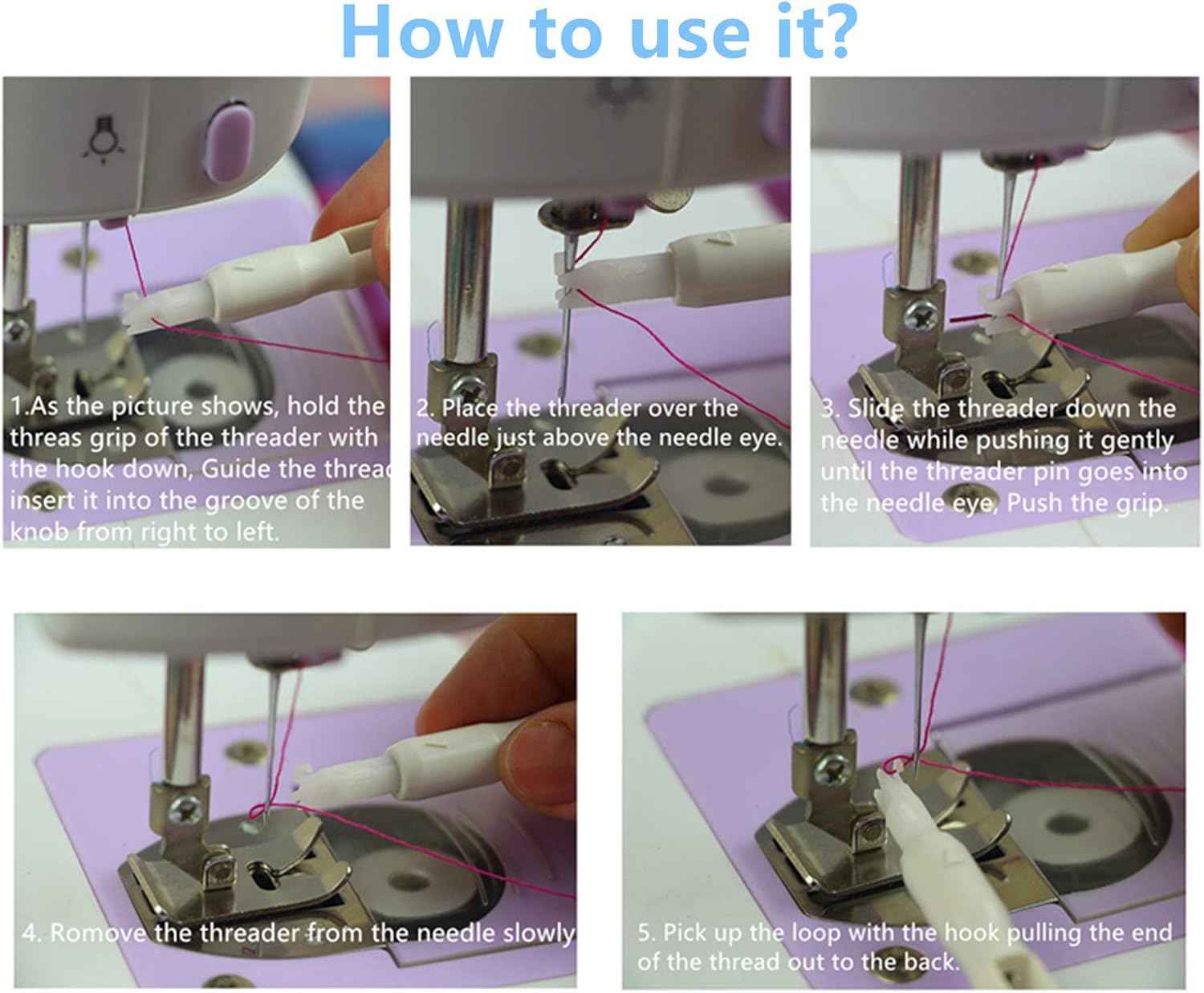 Automatic needle threader on sewing machine needle, guiding thread through the eye.