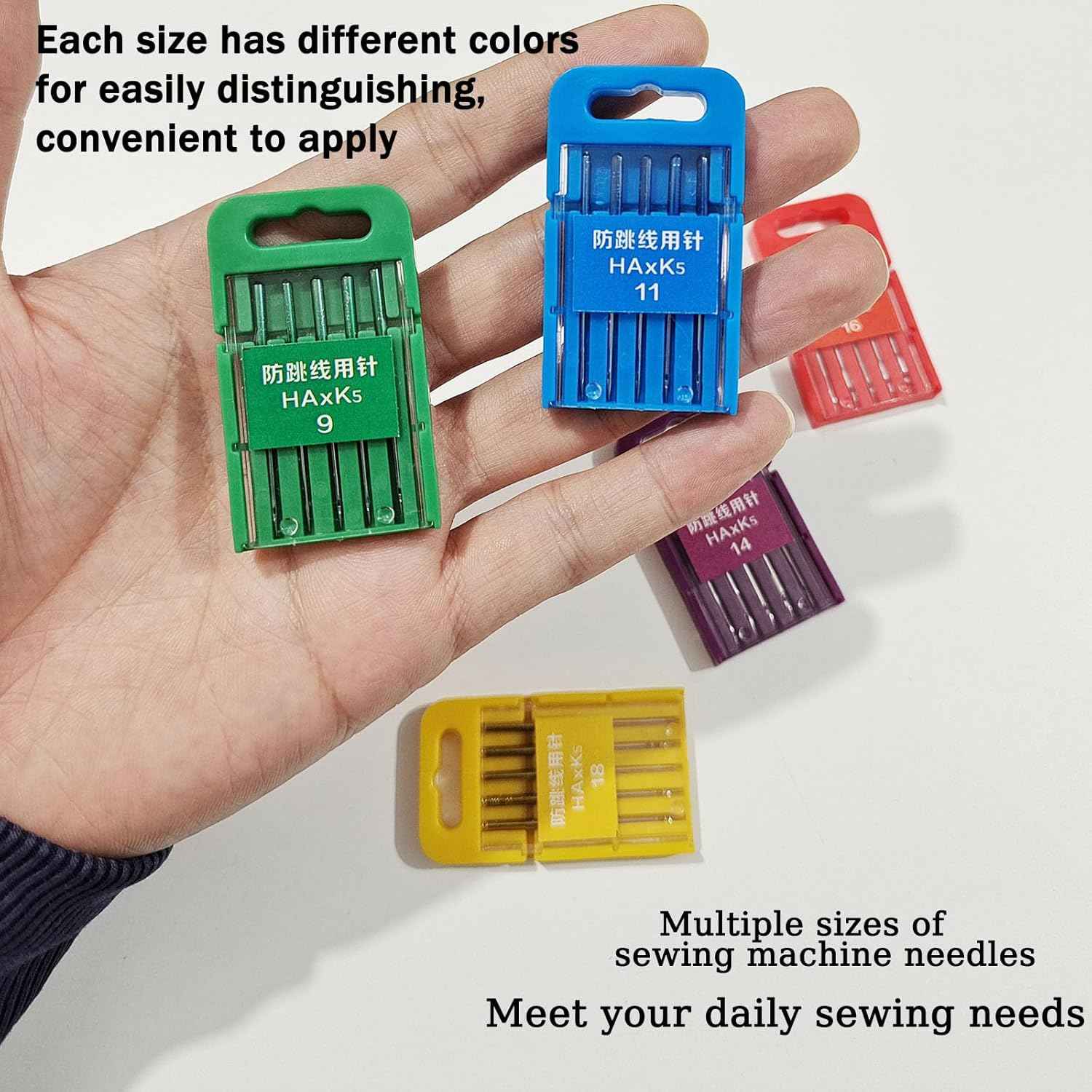 Multiple sewing machine needle cases with sizes: green 9, blue 11, purple 14, red 16, yellow 18