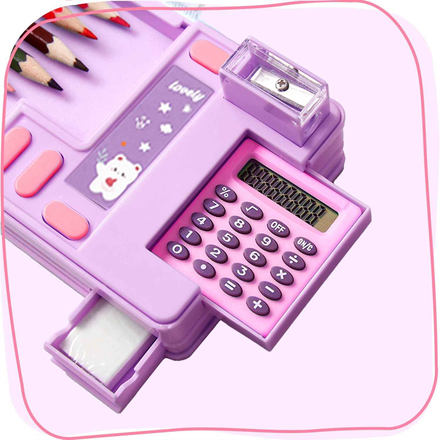 Multifunction Pencil Case with Calculator Sharpener Purple Bear
