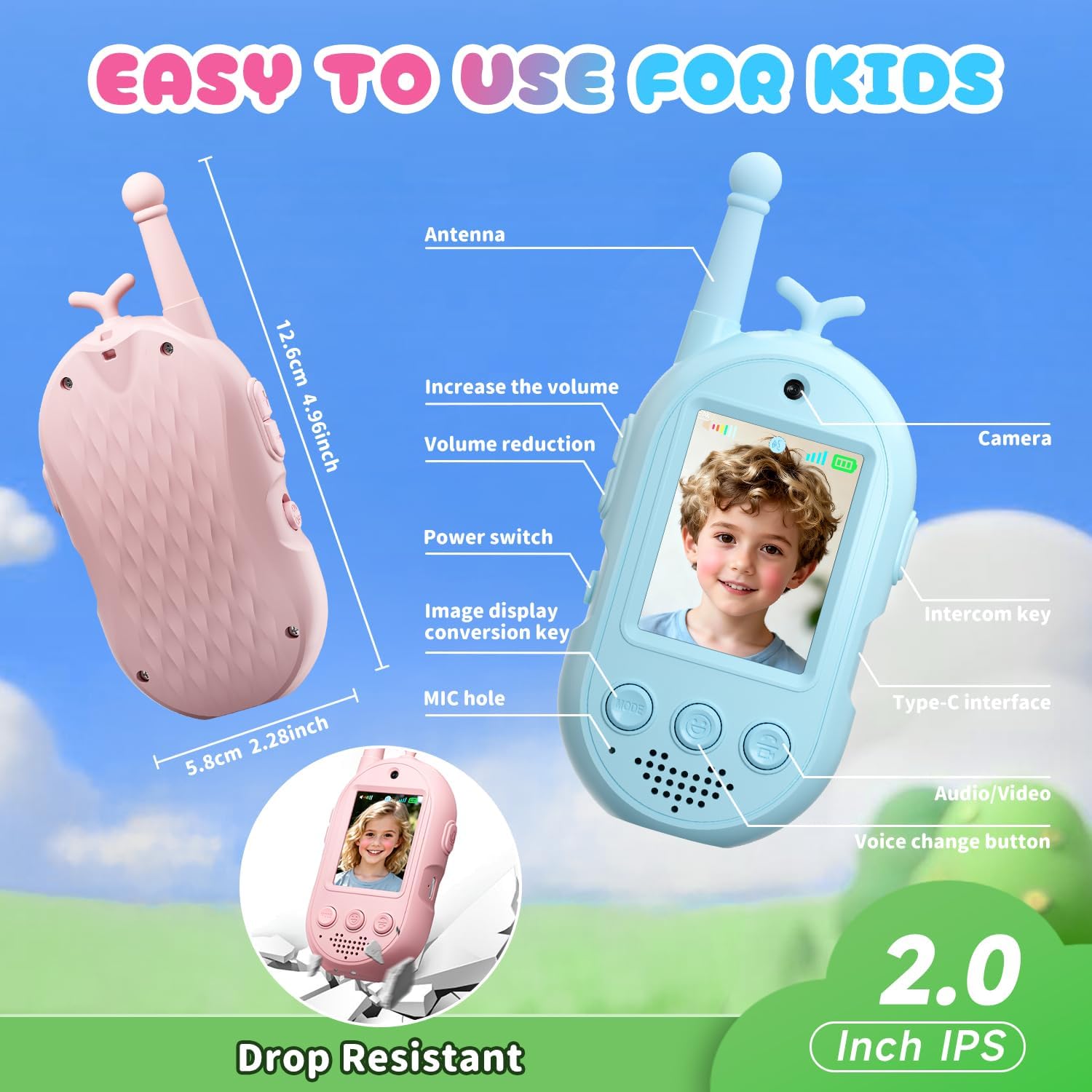 Upgraded Video Walkie Talkies for Kids, 2 Pack Rechargeable