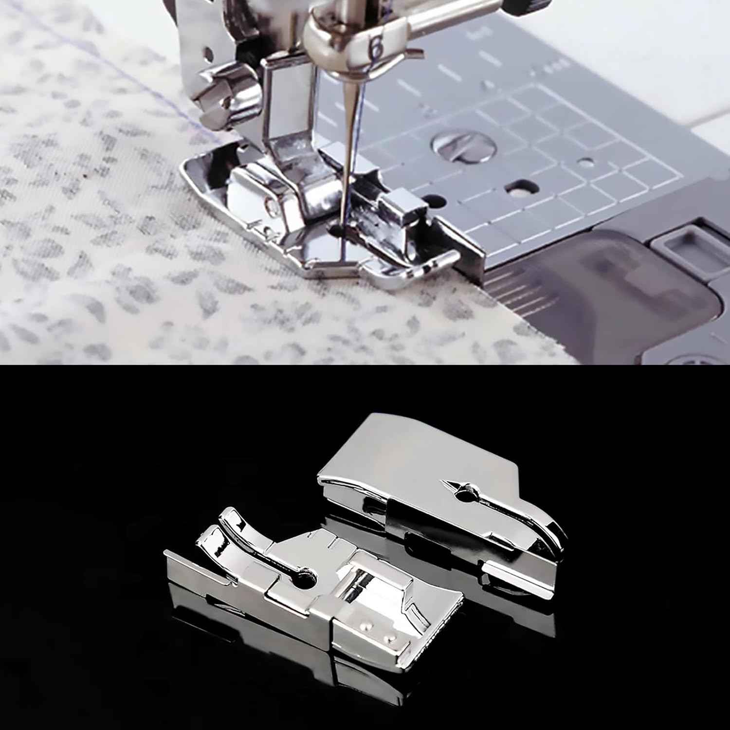 Metal sewing machine presser foot with clear top-load guide attachment