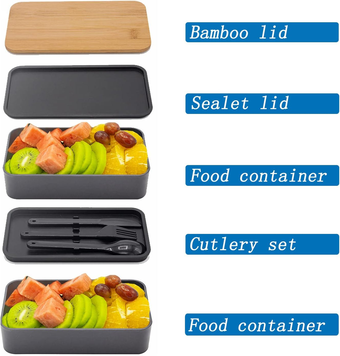 Japanese Bamboo Bento Lunch Box with Compartments and Utensils Black