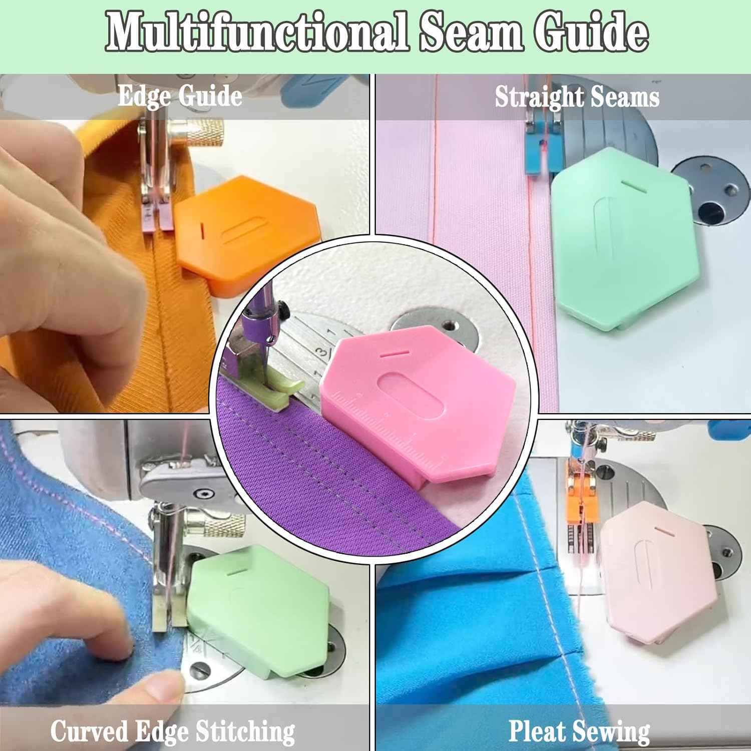Multifunction magnetic seam guide pieces shown on fabric for different stitching