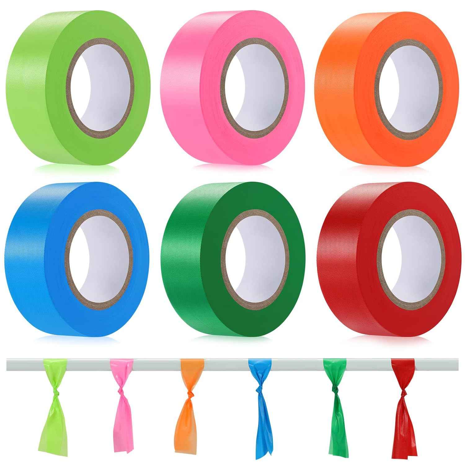 6 Pack Flagging Tape,Neon Marking Survey for Boundaries Hazardous Area Mixed Colors