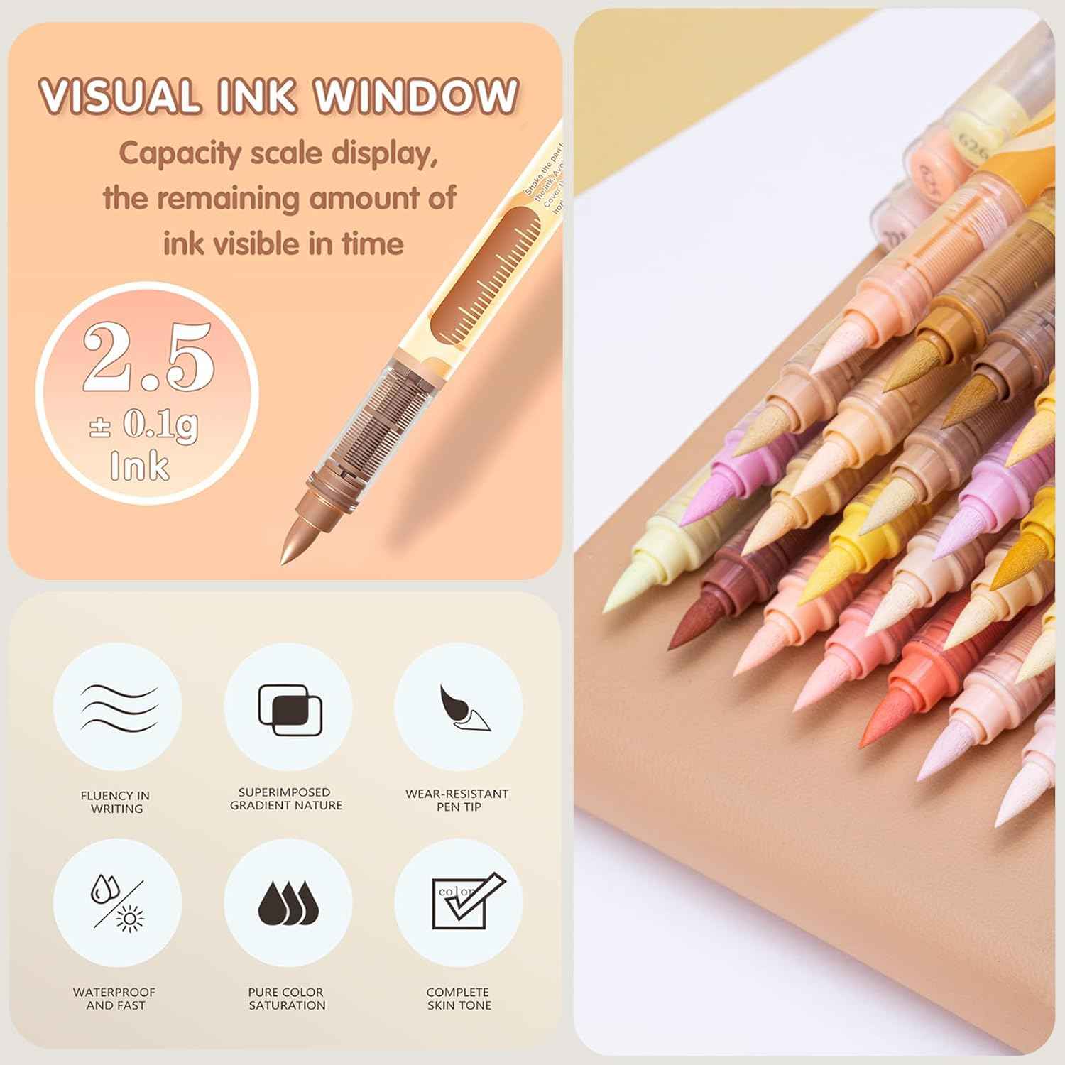 Guangna Soft Brush Acrylic Art Markers,24 Color Skin Tones