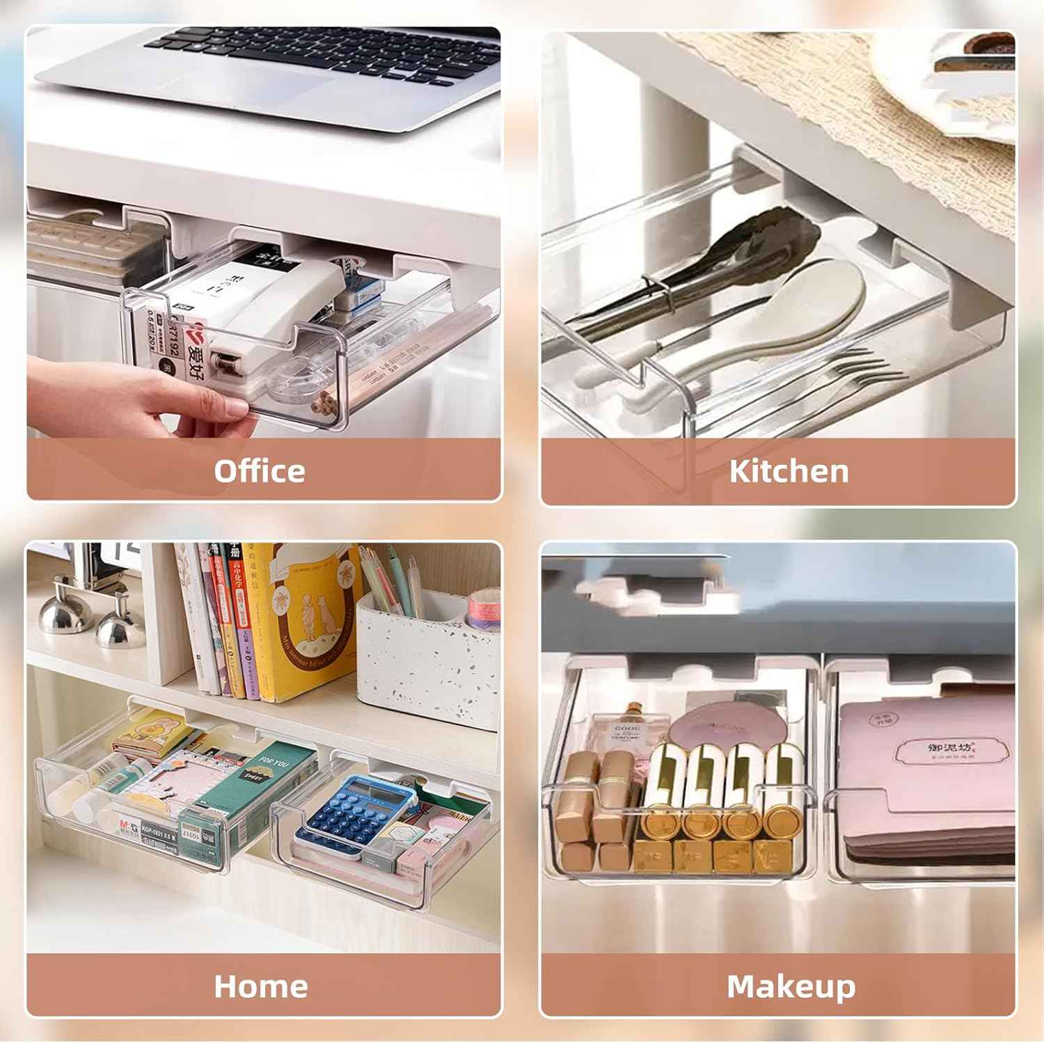 2 Pack Under Desk Storage Drawers Slide Out-Drill-On or Self-Adhesive