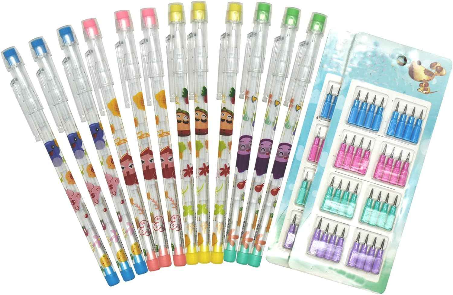 12PCS Cute Animals Non Sharpening Stackable Pencils with 64 Refills