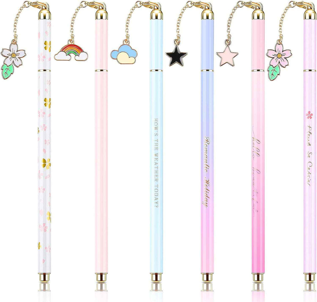 6 Pieces Metal Ballpoint Pens with Cute Pendant Black Ink