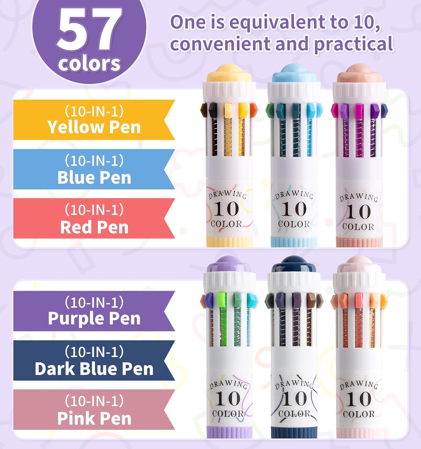 6 Pack 10-in-1 Multi-Color Ballpoint Pens - 57 Total Colors (0.8mm Fine Tip)