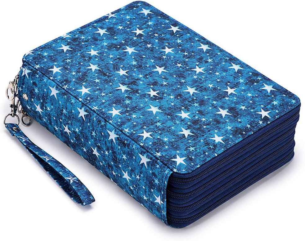 200 Slots Colored Pencil Case Large Capacity Pencil Organizer Blue Star