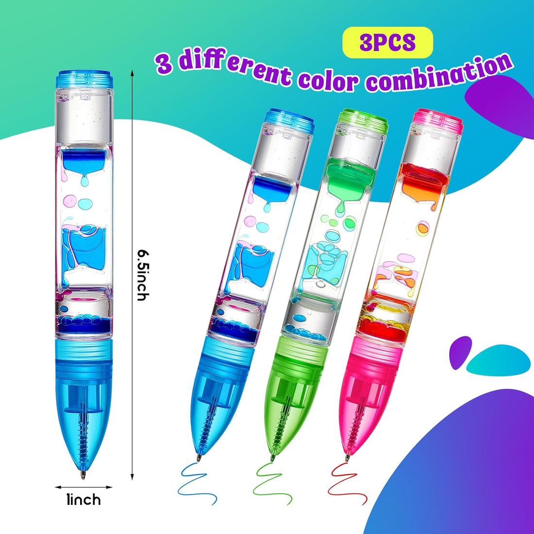 3Pcs Liquid Motion Bubbler Fidget Pens Red, Green, Blue