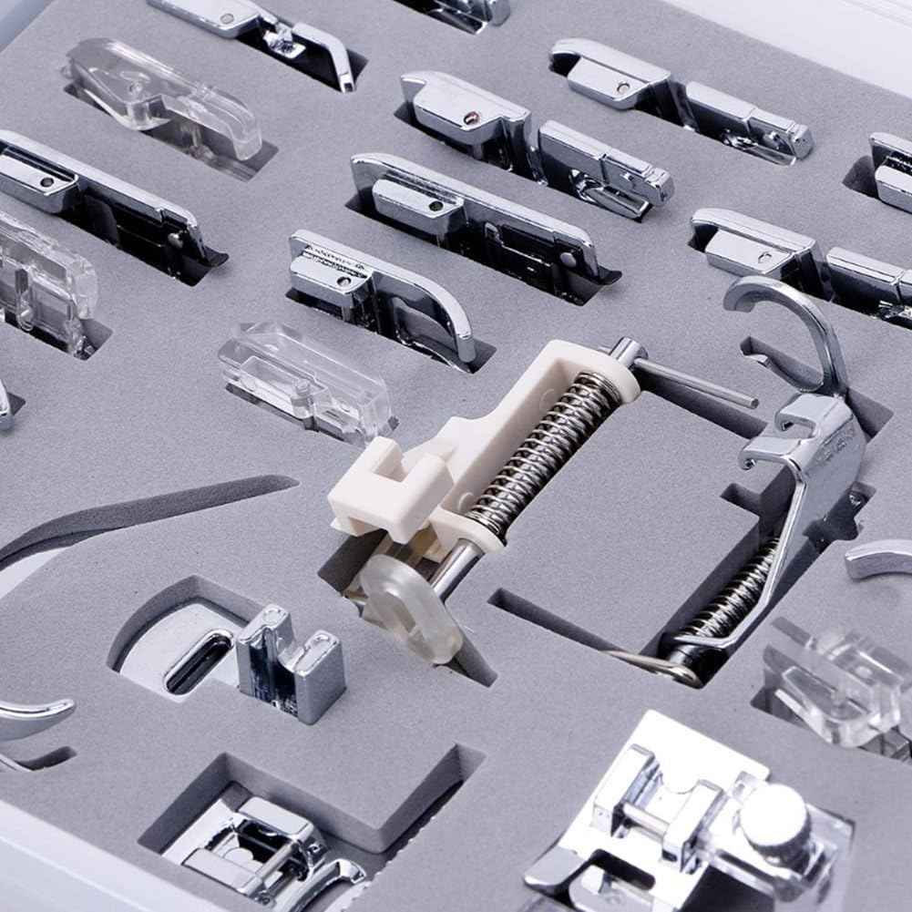 Close-up of presser foot attachments in gray organizer tray with springs