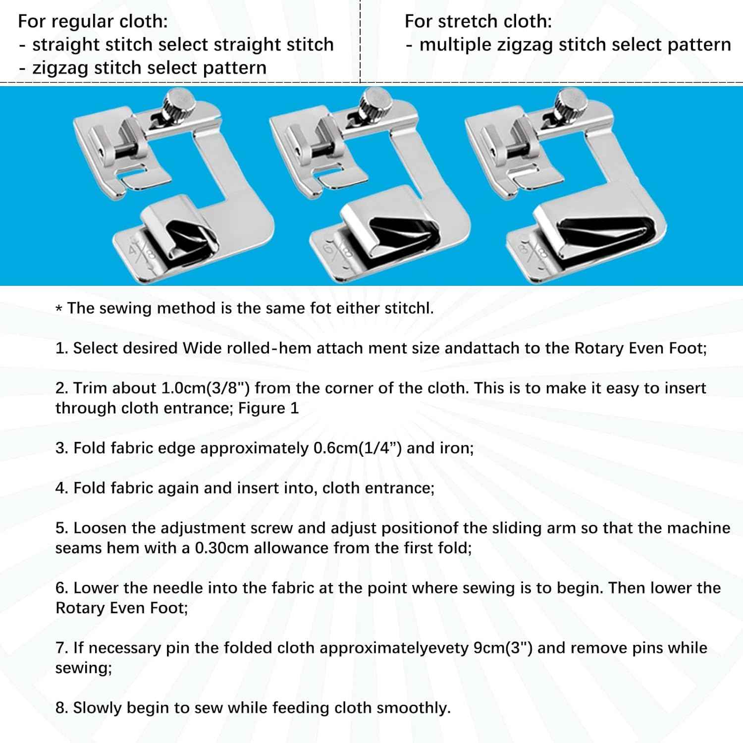 Rolled-hem presser foot set with wide opening and stitch guidance markings