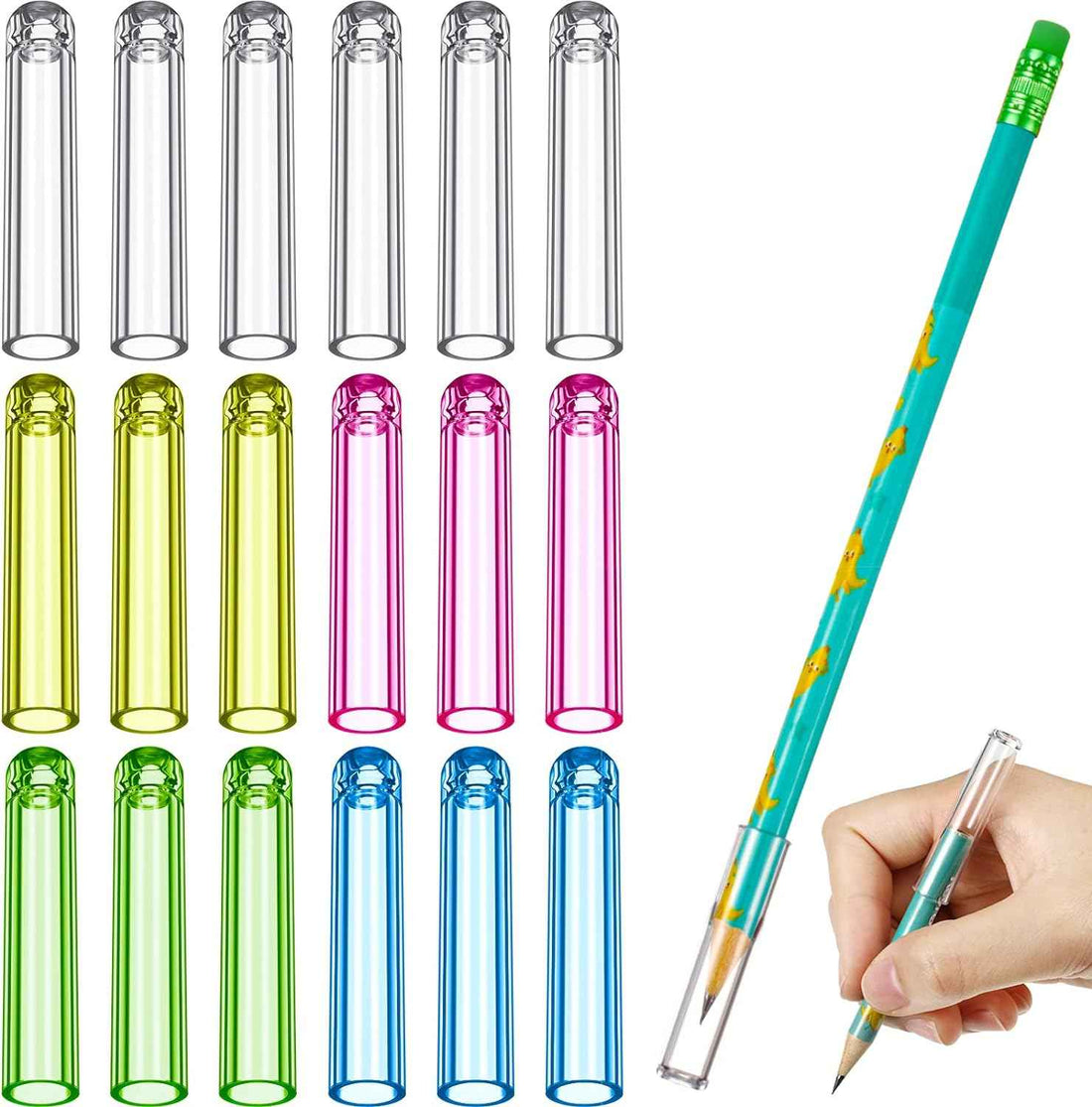 18Pcs Plastic Pencil Caps Tip Protector for Wooden Pencil Extender White, Pink, Blue