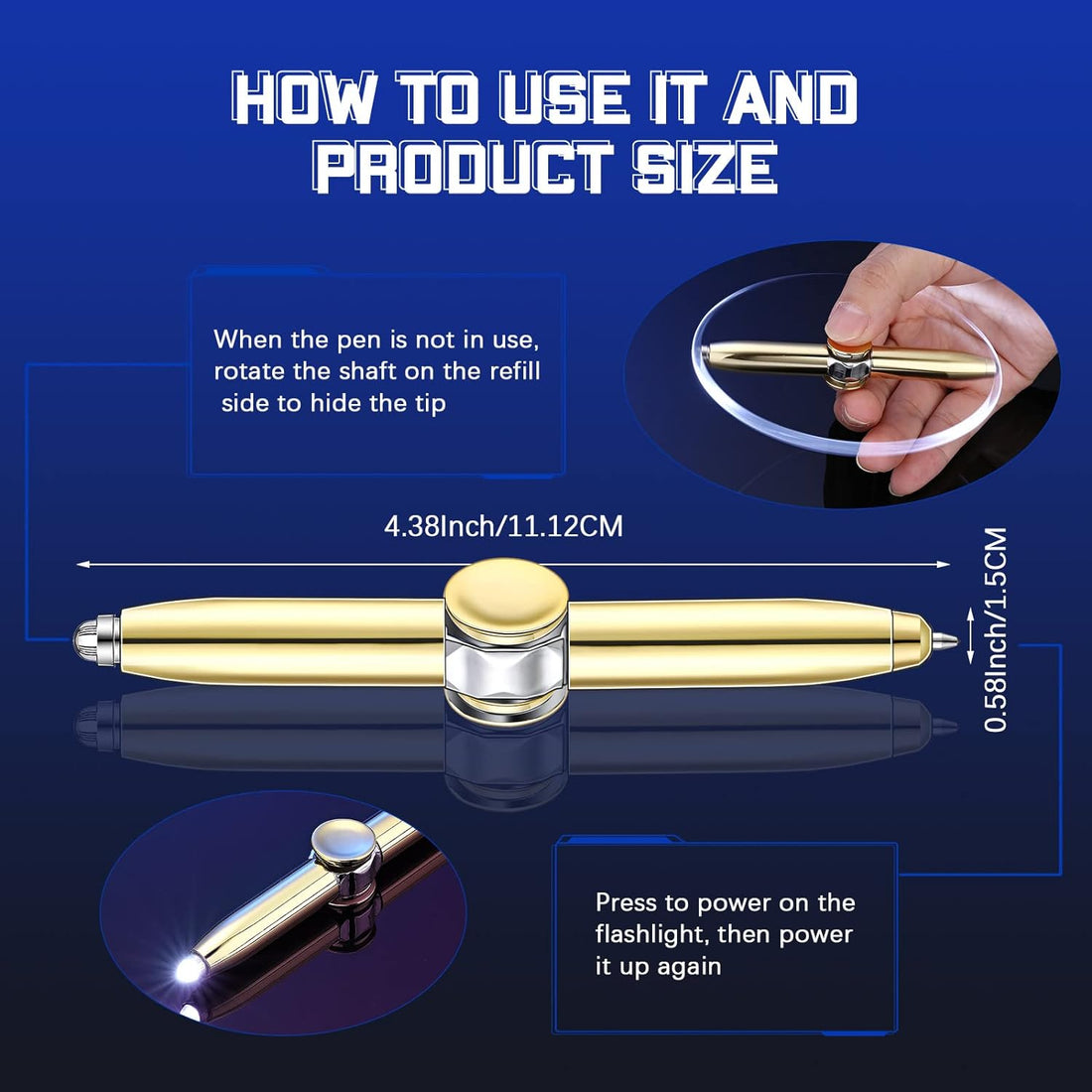 2pcs Fidget Spinning Pen with LED Light Multi Functional Ballpoint Pen Gold
