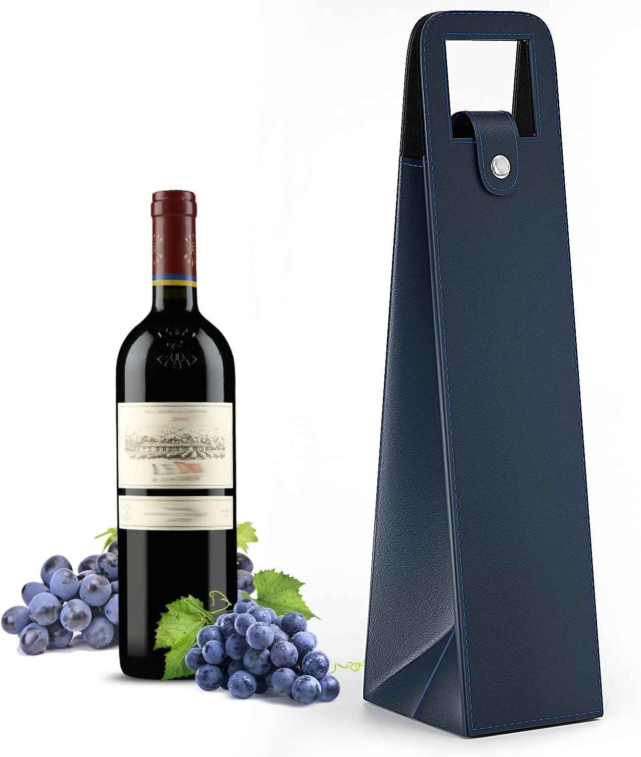 2 Pack Wine Gift Bag, Reusable Leather Wine Tote Carrier Blue A
