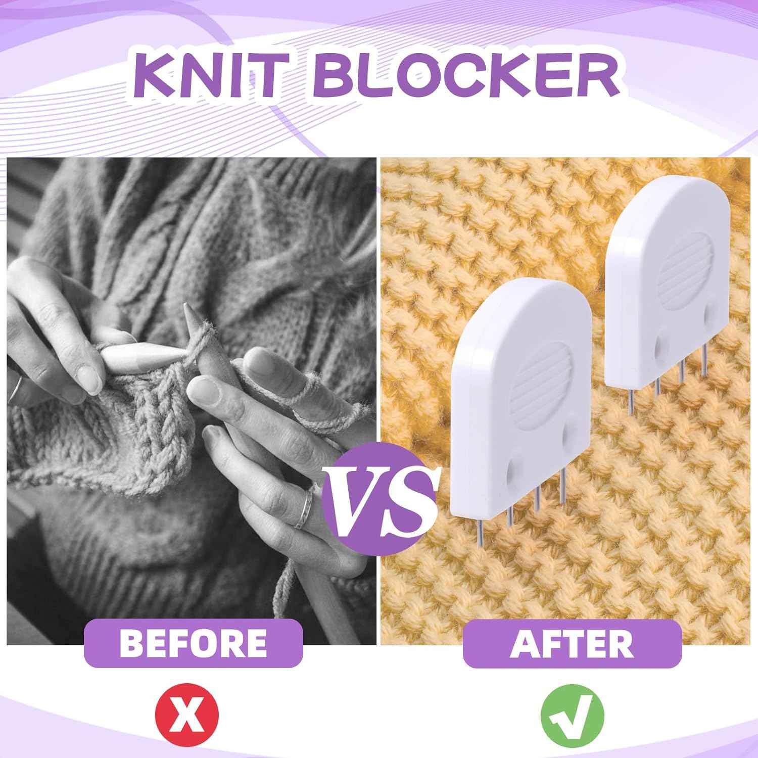 White knit blocking pins with comb blockers for shaping knit fabric