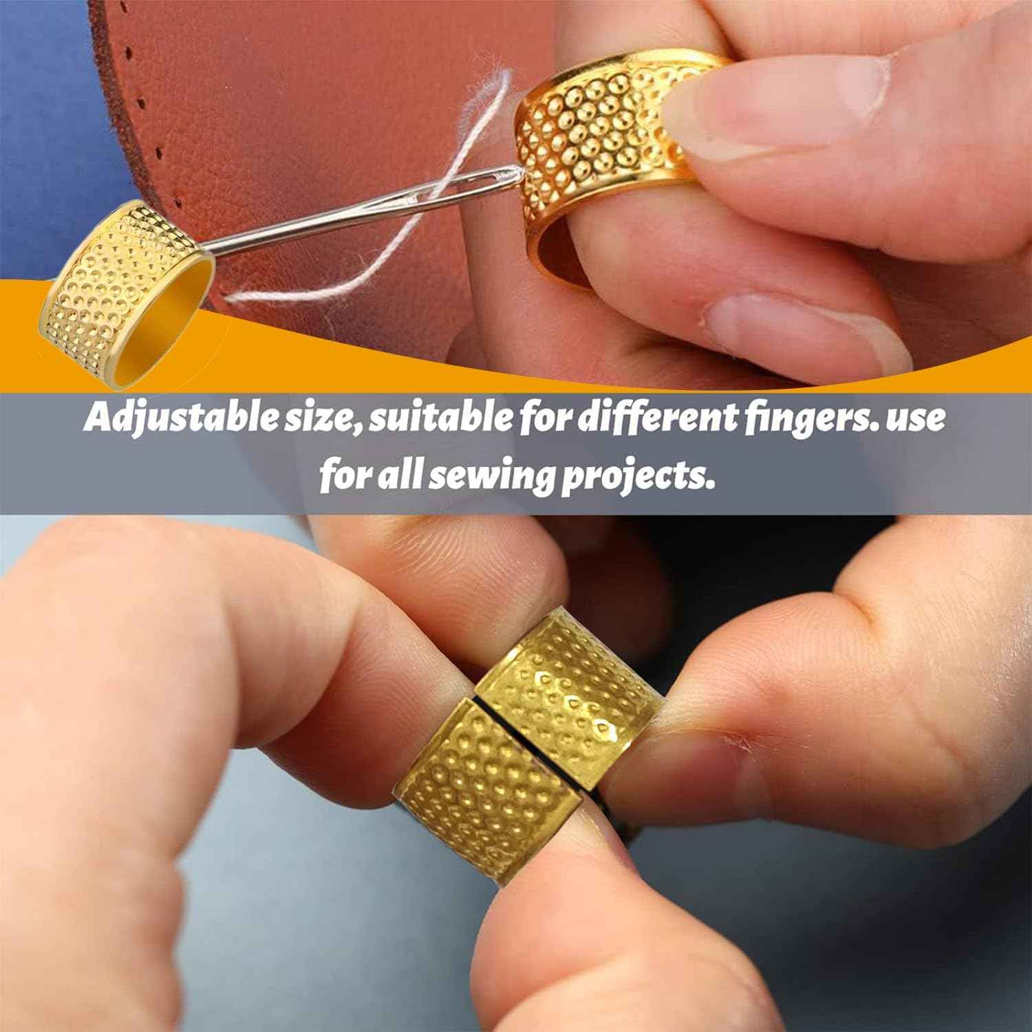 Gold finger thread guide holding sewing thread for easier hand sewing