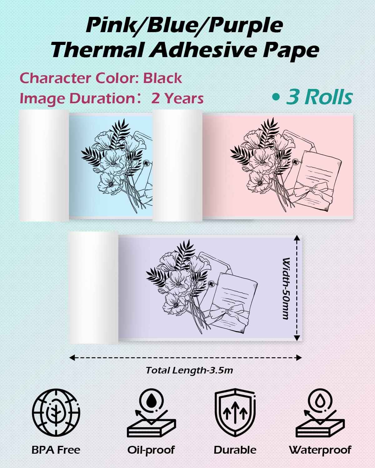 Phomemo Light Pink/Blue/Purple Thermal Sticker Paper 50mm for T02 M02 M04S Printer