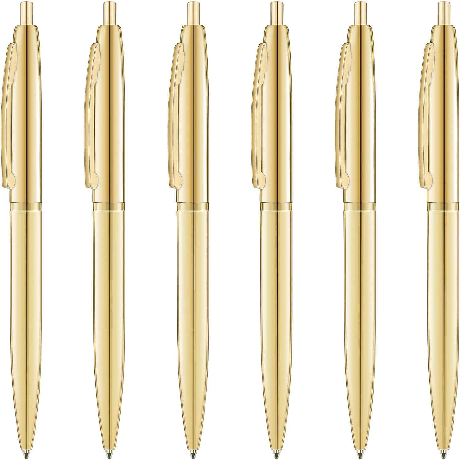 6 Pack Gold Click Ballpoint Pens - Black ink Medium Point Gold