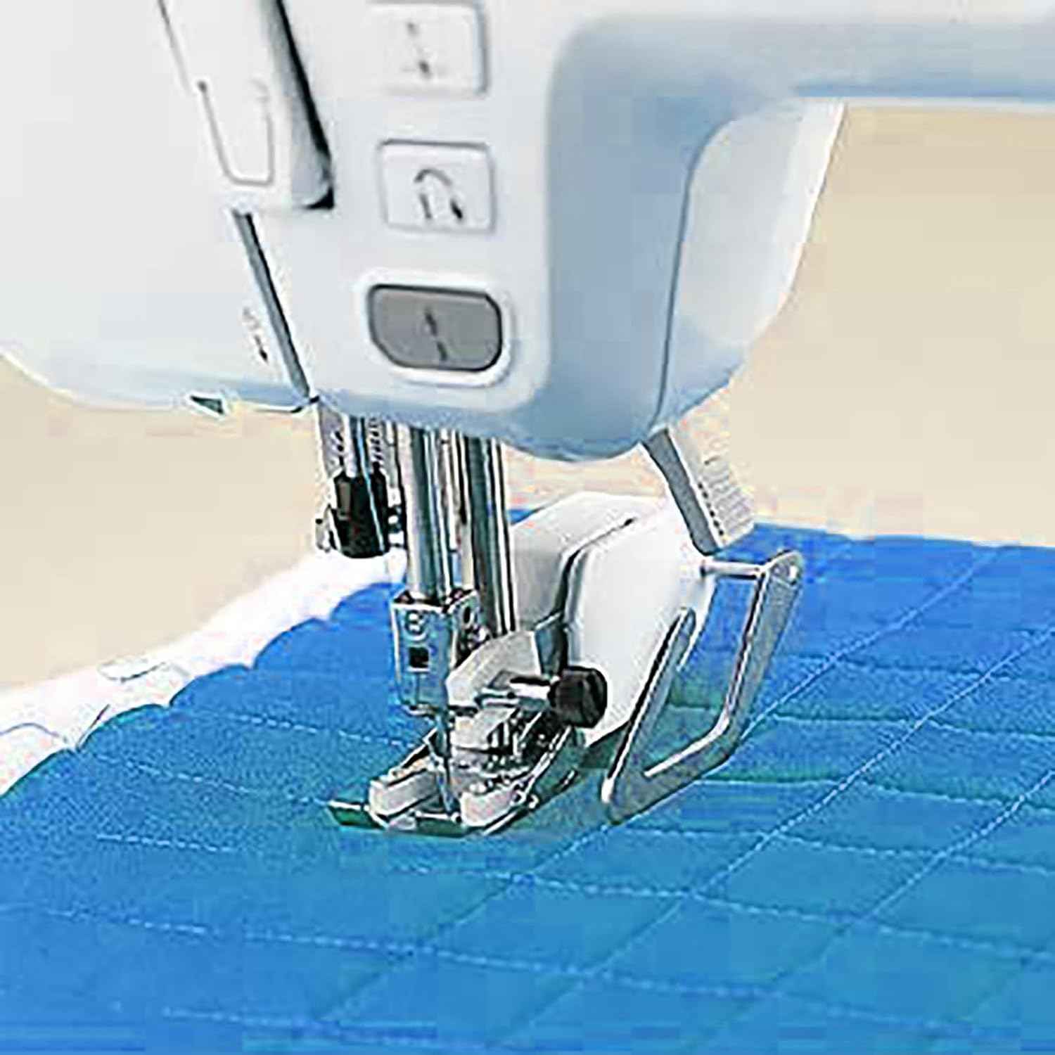 Quilting guide bar attached to sewing machine foot area on fabric.