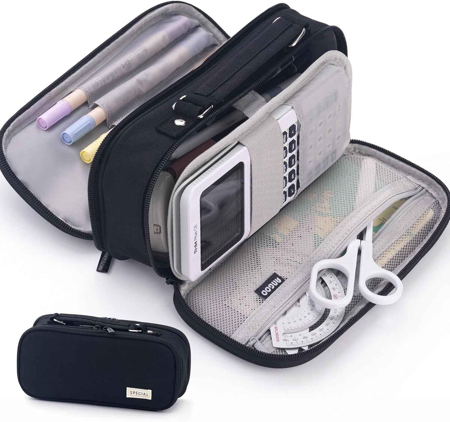 Large Capacity Pencil Case Double Zipper Storage Bag Black