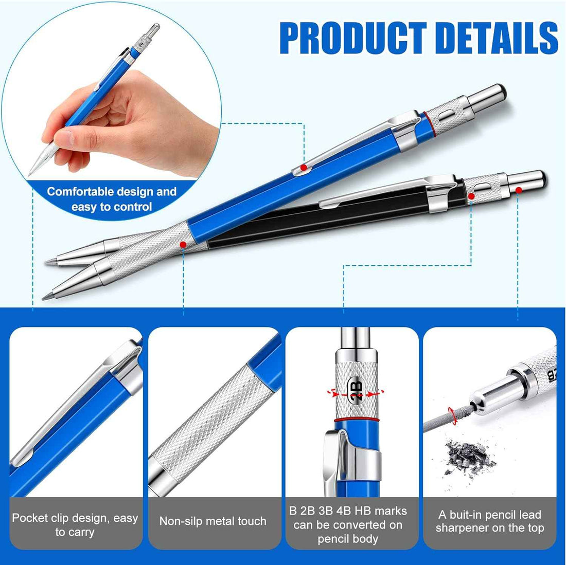 2Pcs Welders Mechanical Pencils with 48PCS Round Refills Silver
