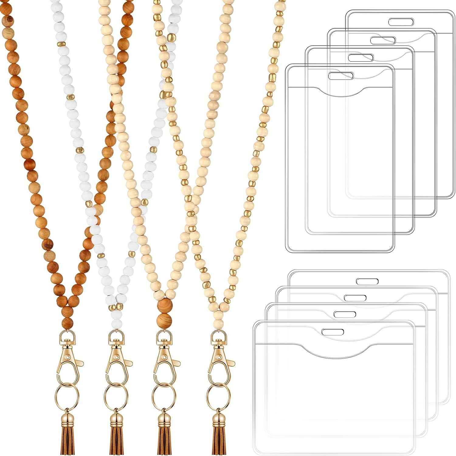 12 Pieces Wood Beaded Lanyards and Card Holder Set Retro Style