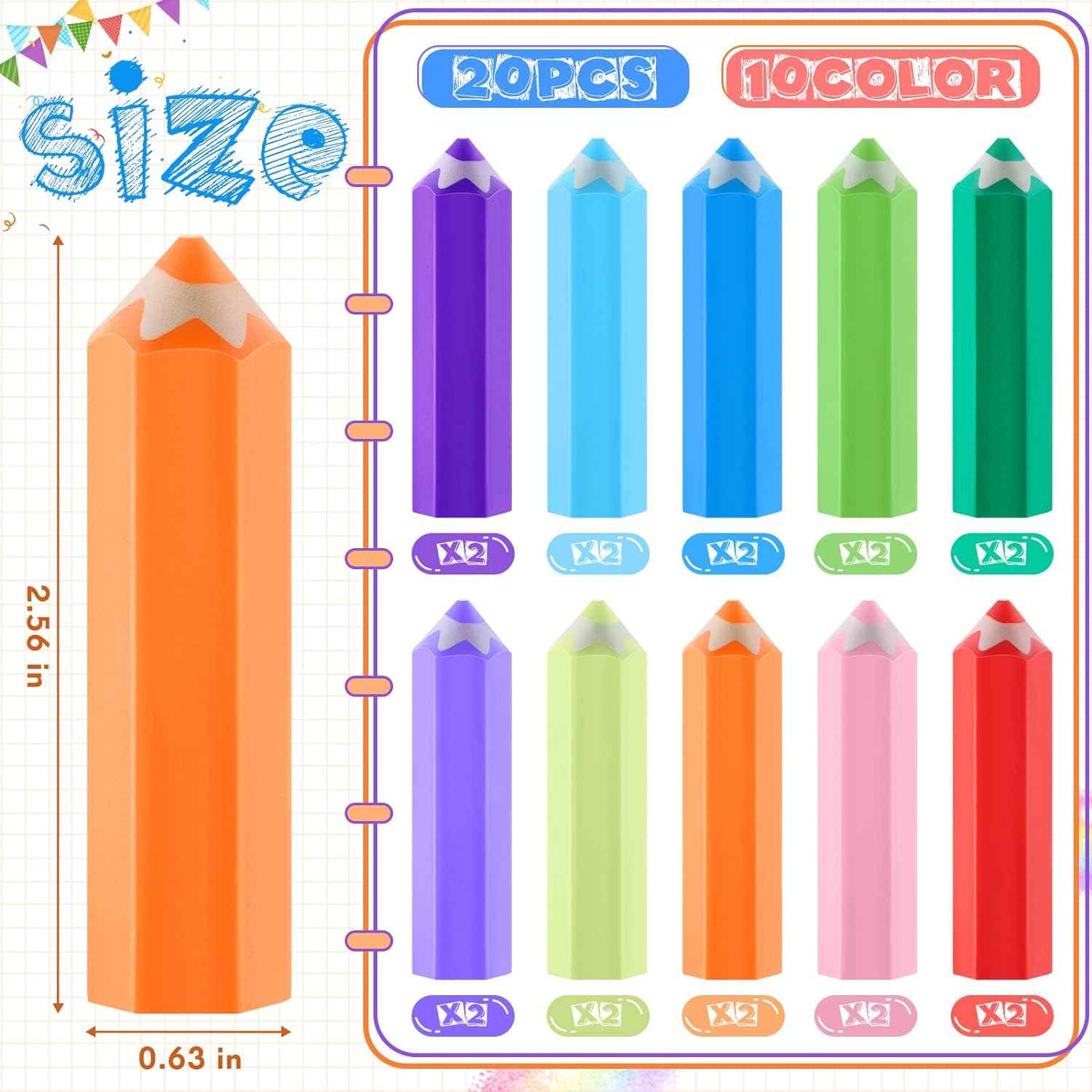 20Pcs Kids Pencil Shaped Erasers 10 Neon Colors