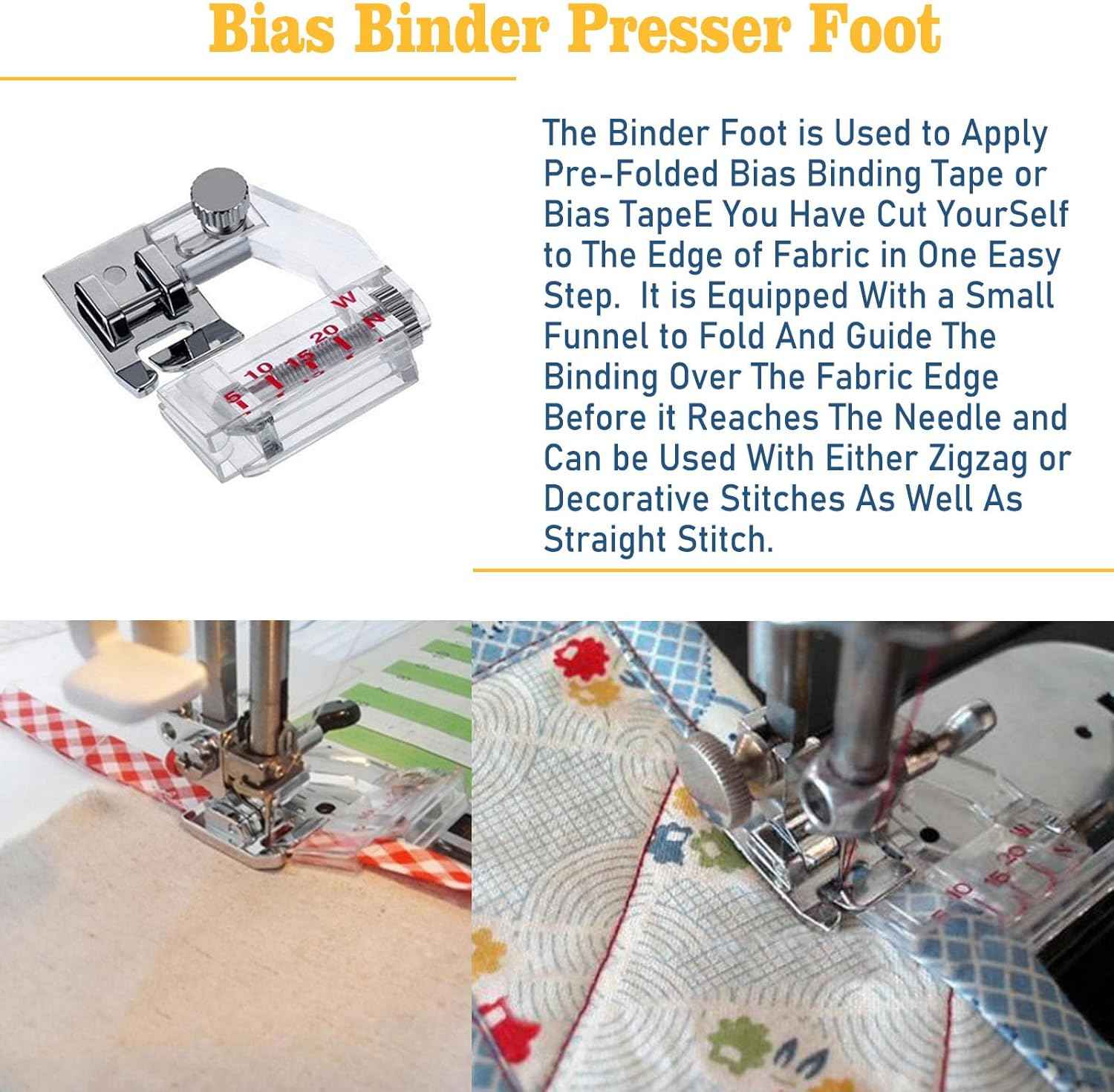 Bias binder presser foot with guide funnel for pre-folded bias tape binding