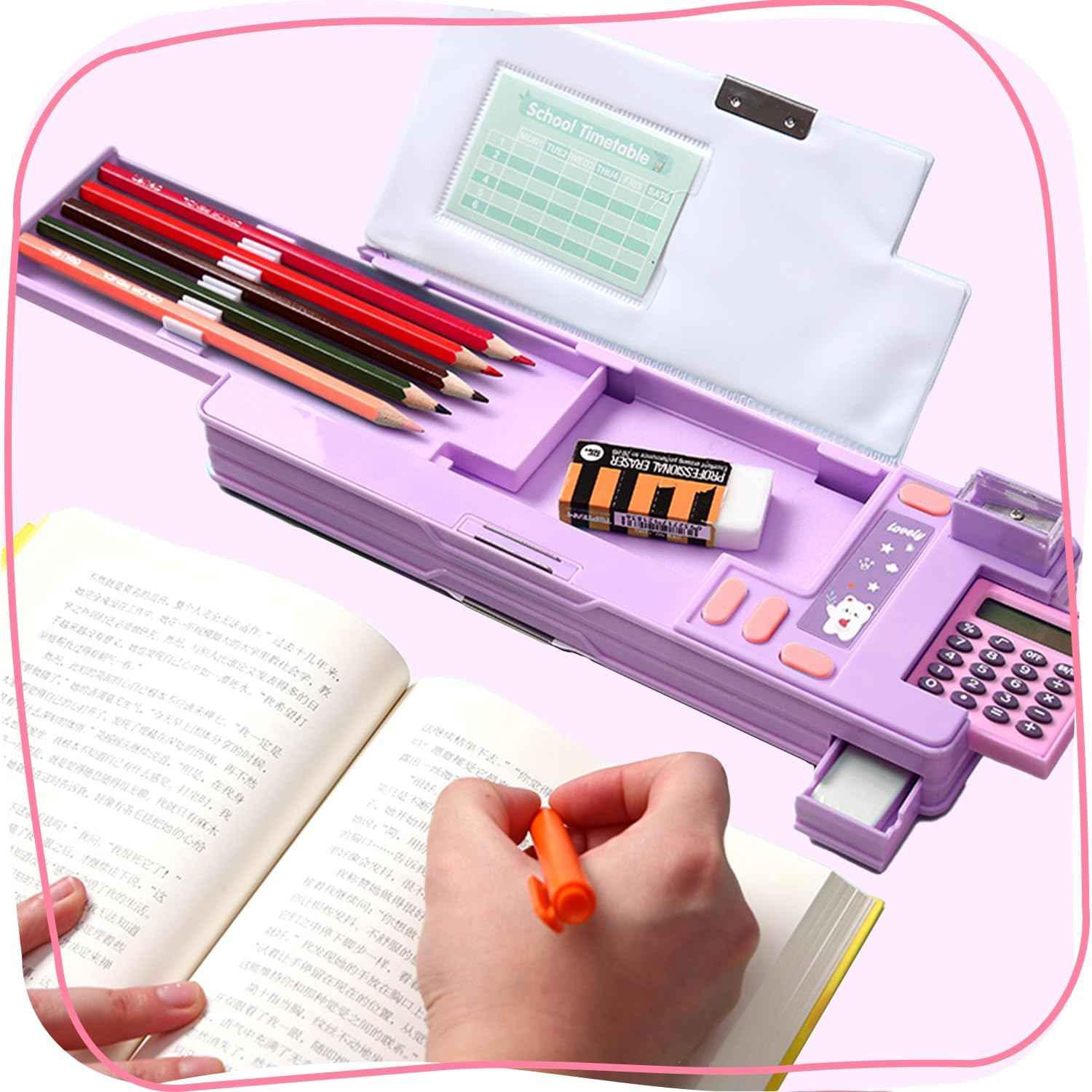 Multifunction Pencil Case with Calculator Sharpener Purple Bear