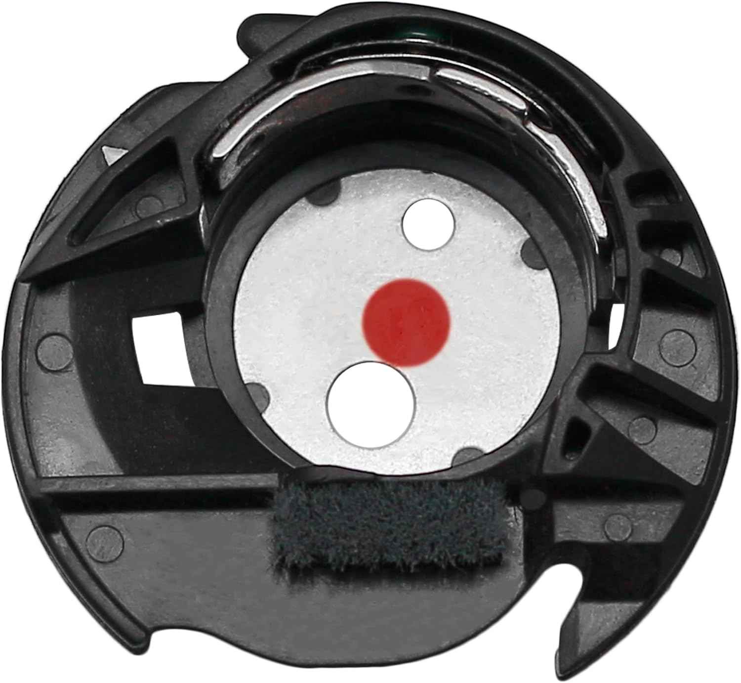 Bobbin case with circular silver plate, red dot, black housing, felt strip