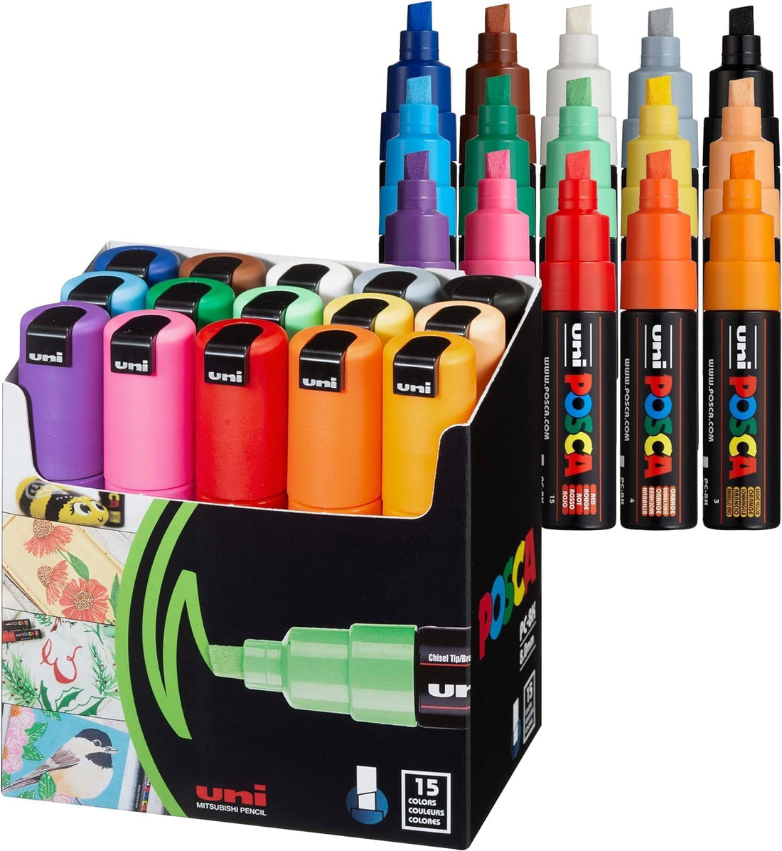 Uni Posca Paint Marker PC-8K,Broad Chisel Tips,15 Colors