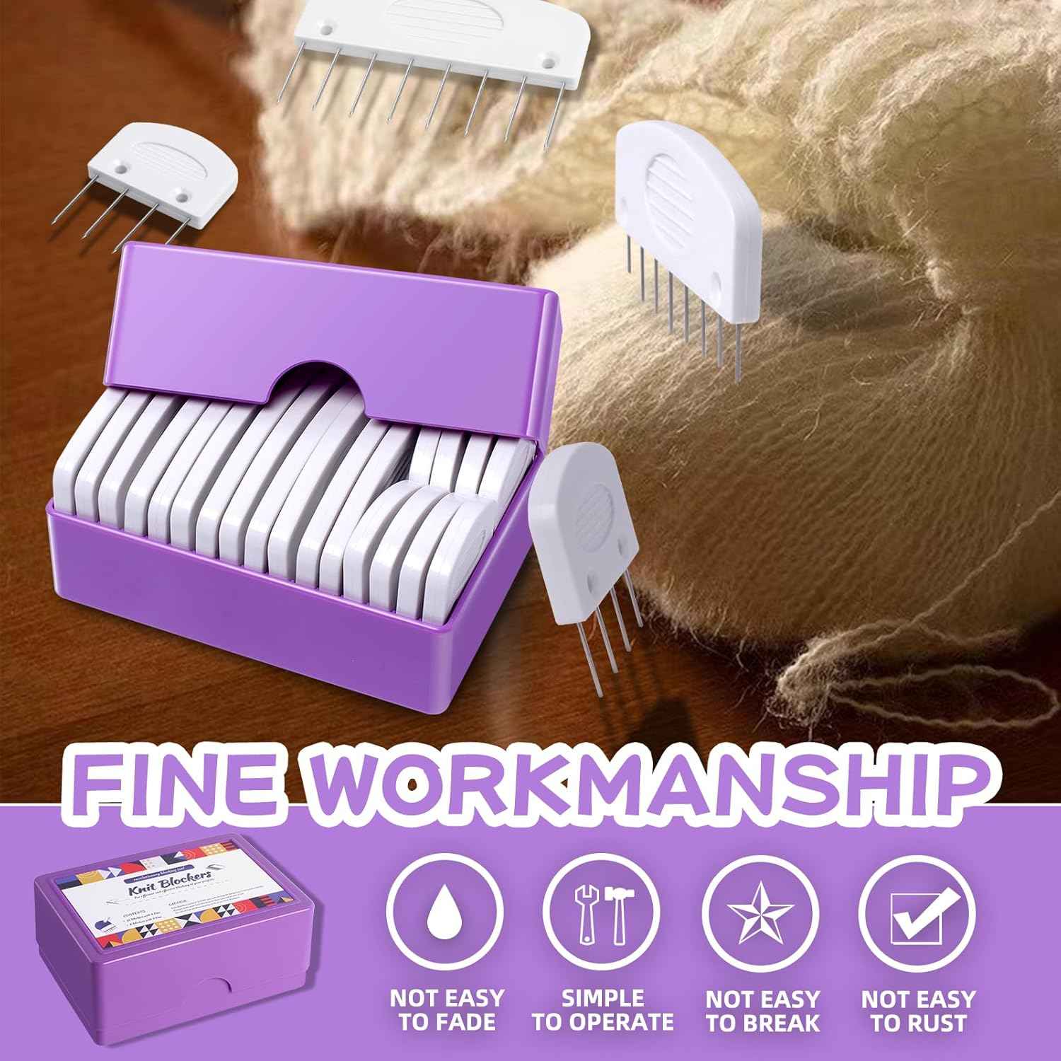 White knit blocker comb pins in purple case with extra pin board pieces