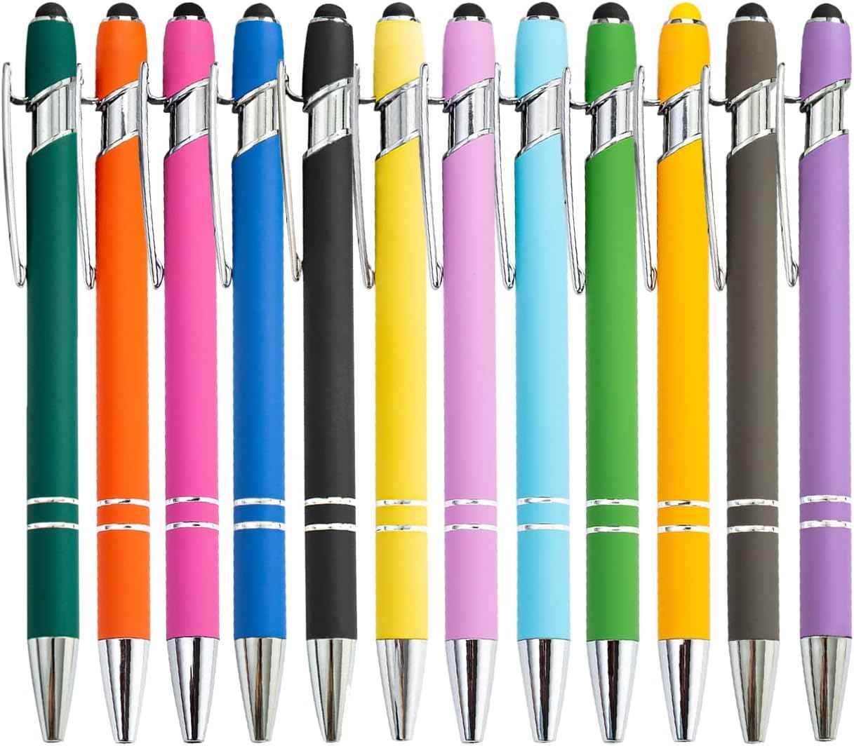 12 Pack Rainbow Rubberized Soft Touch Ballpoint Pen with Stylus Tip 12 Pcs Stylus Pens-2