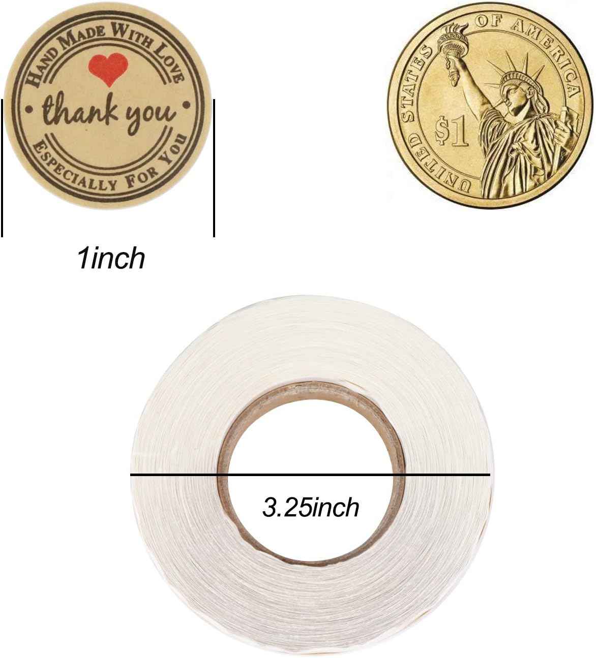 1000Pcs Kraft Stickers Handmade with Love Thank You 1 Inch