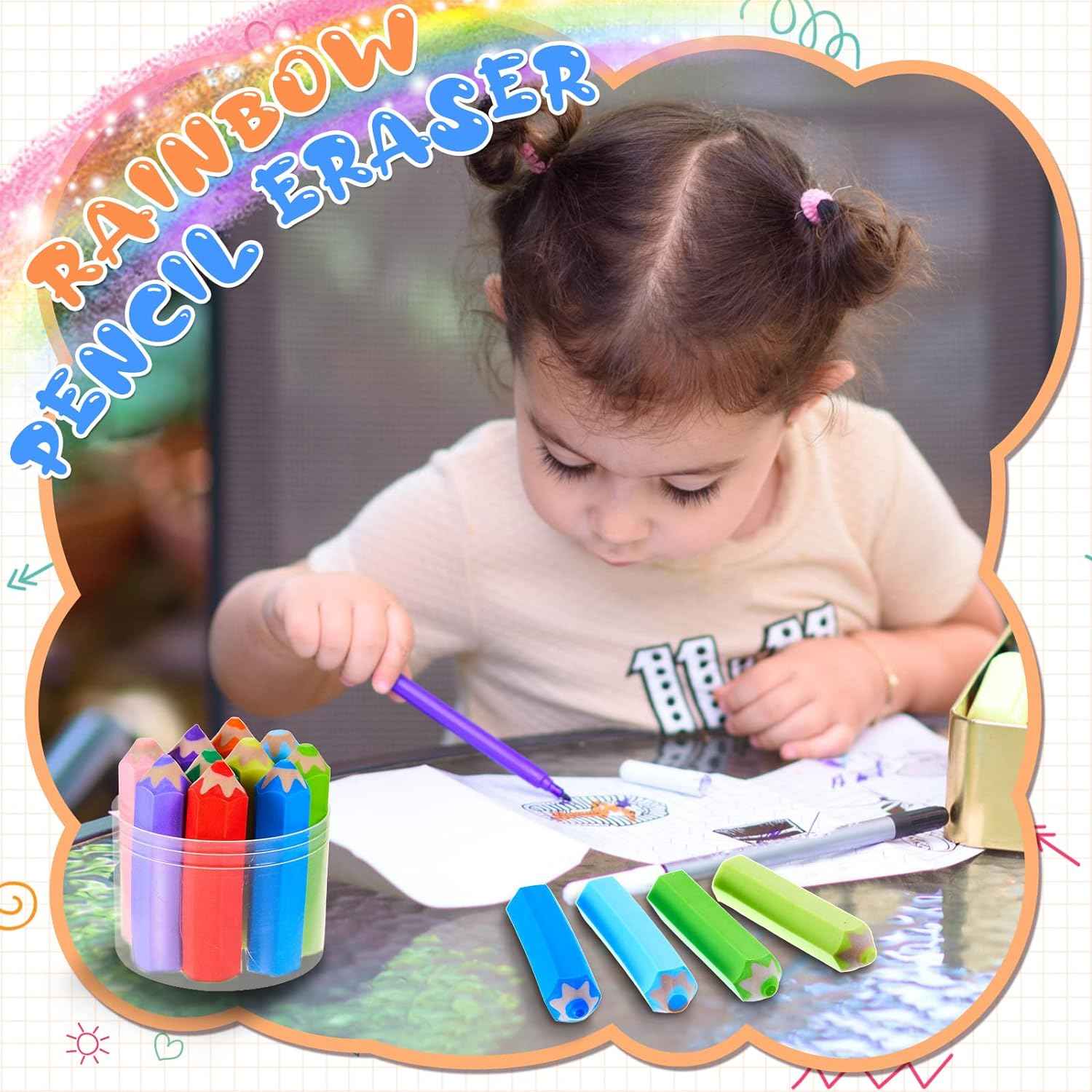 20Pcs Kids Pencil Shaped Erasers 10 Neon Colors