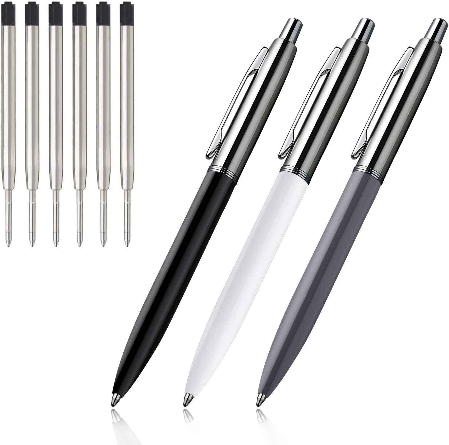 3Pcs Retractable Stainess Steel Metal Ballpoint Pens,6 Replaceable Refills