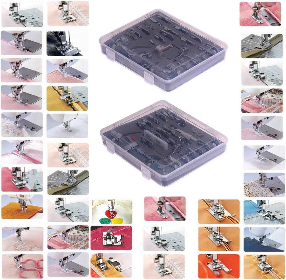 Presser feet kit 52 shown installed on a sewing machine with different feet