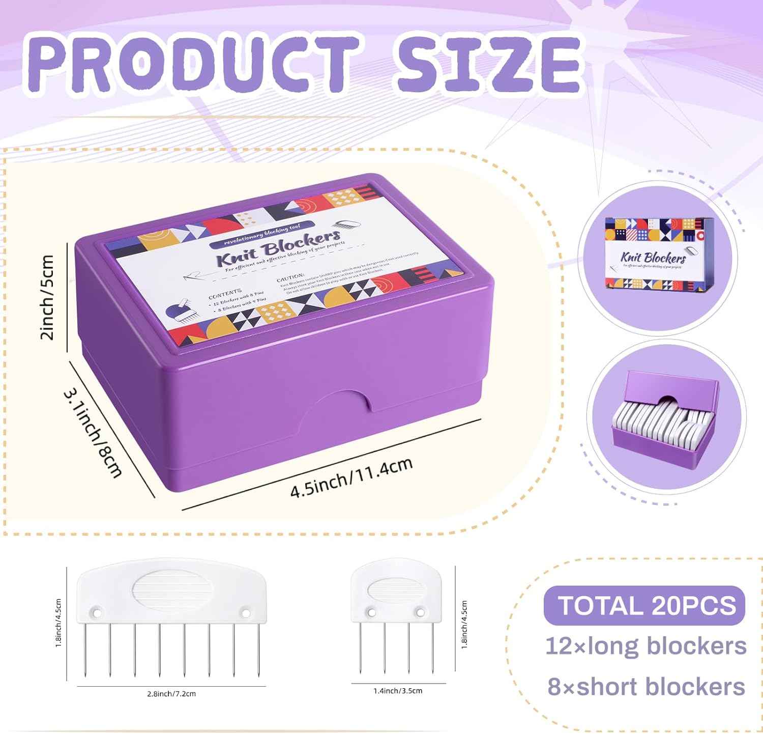 Purple knit blocker storage box with 20-piece pin comb set (dimensions shown)