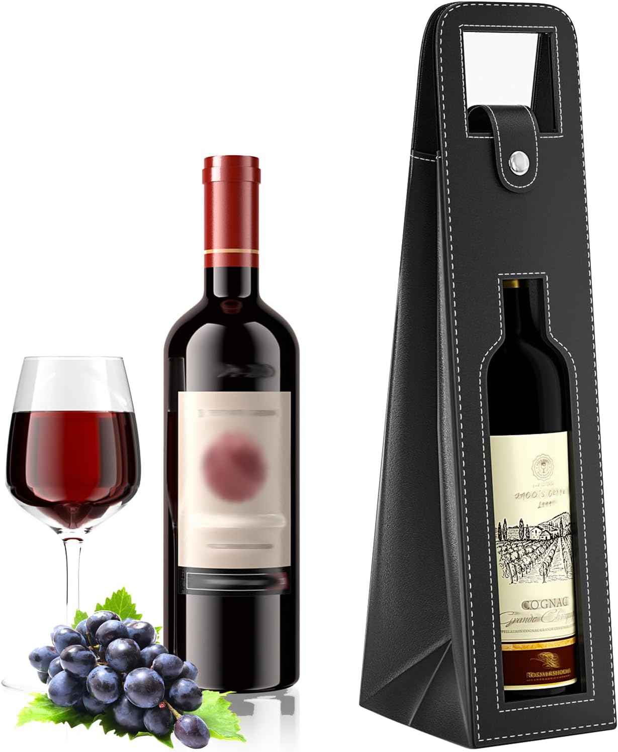 2 Pack Wine Gift Bag, Reusable Leather Wine Tote Carrier Black B
